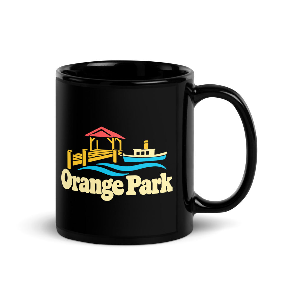 Orange Park — black mug, 11 oz, right side, logo on both sides