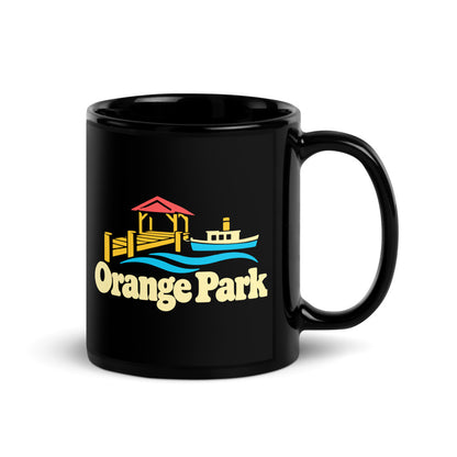 Orange Park — black mug, 11 oz, right side, logo on both sides
