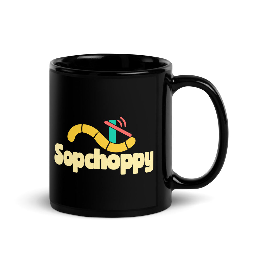 Sopchoppy — black mug, 11 oz, right side, logo on both sides