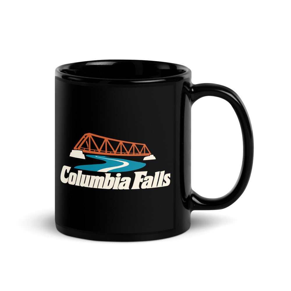 Columbia Falls — black mug, 11 oz, right side, logo on both sides