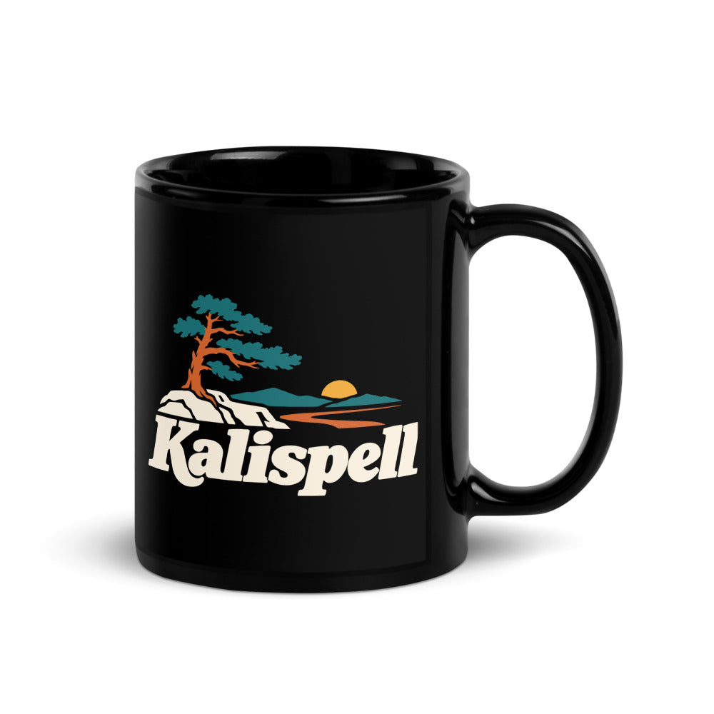 Kalispell — black mug, 11 oz, right side, logo on both sides