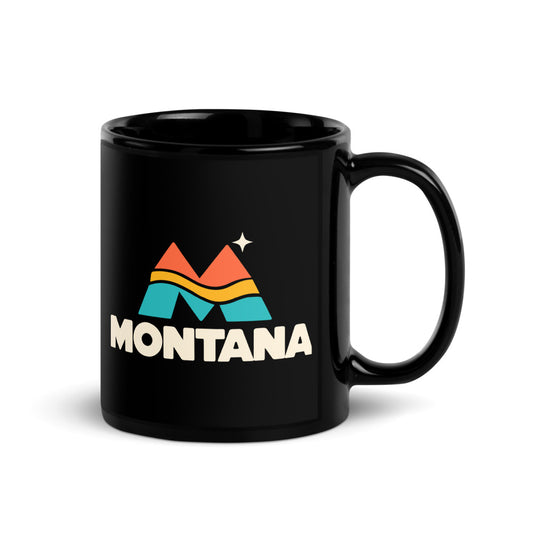 Montana Mountain Emblem — black mug, 11 oz, right side, logo on both sides