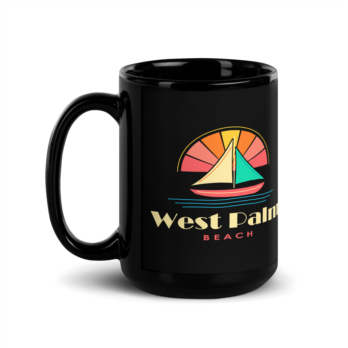 West Palm Beach — Black mug, 15 oz, left side, logo on both sides