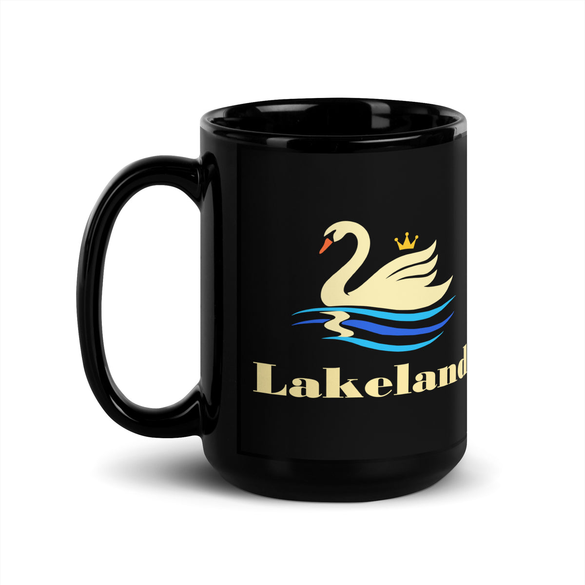 Lakeland — Black mug, 15 oz, left side, logo on both sides
