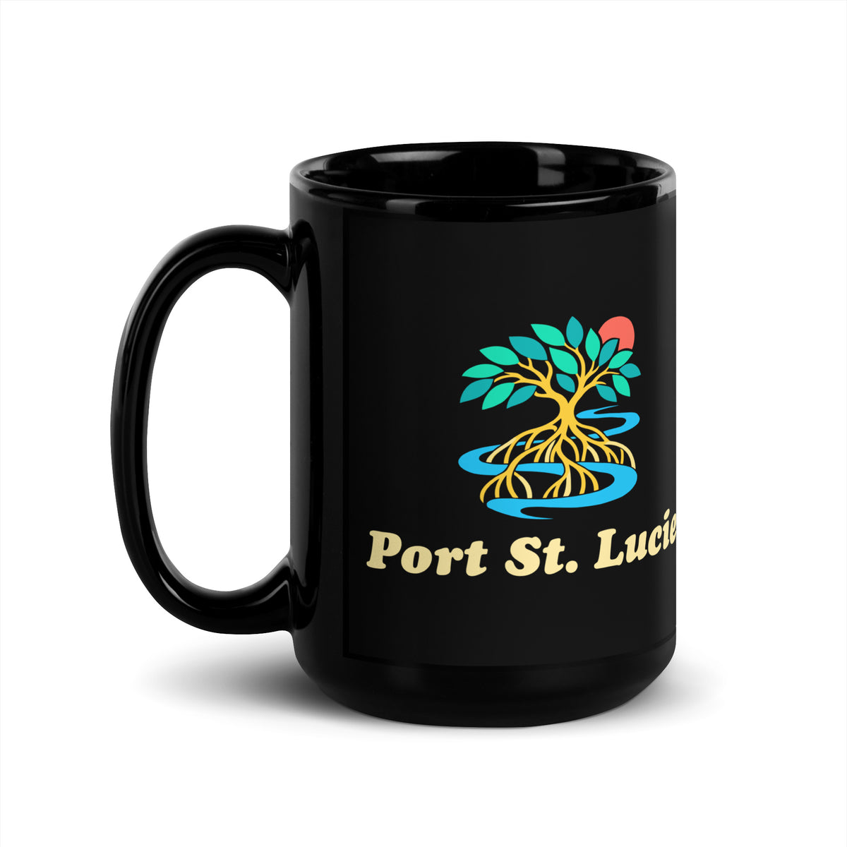 Port St. Lucie — Black mug, 15 oz, left side, logo on both sides