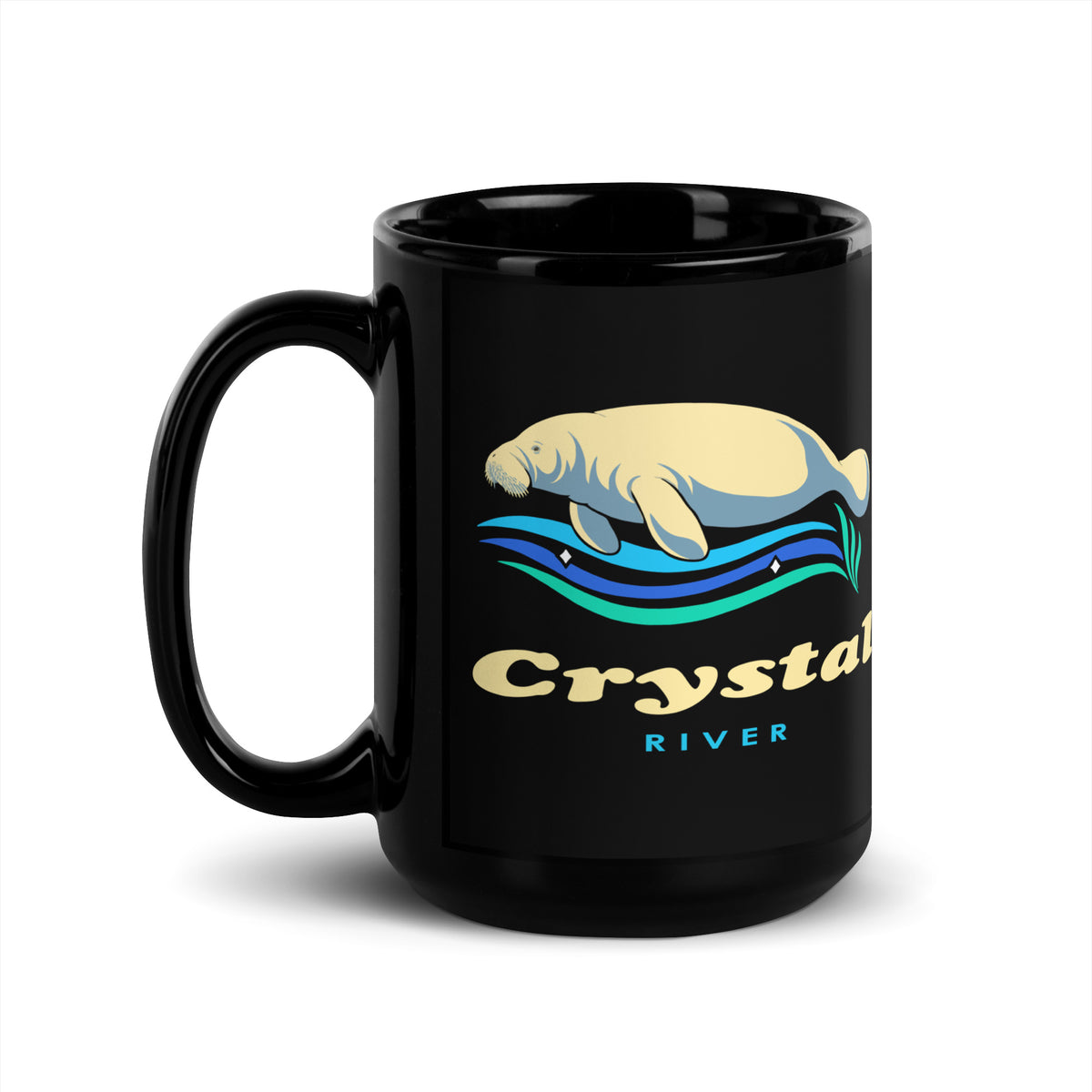 Crystal River — Black mug, 15 oz, left side, logo on both sides