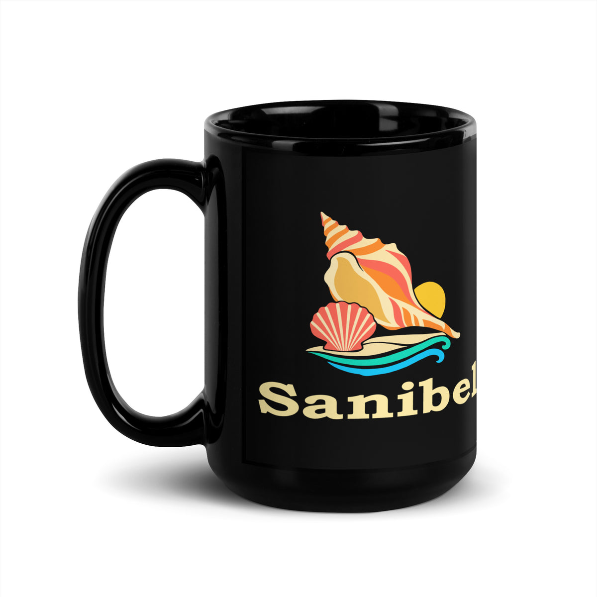 Sanibel — Black mug, 15 oz, left side, logo on both sides