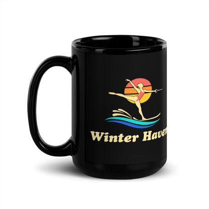 Winter Haven — Black mug, 15 oz, left side, logo on both sides