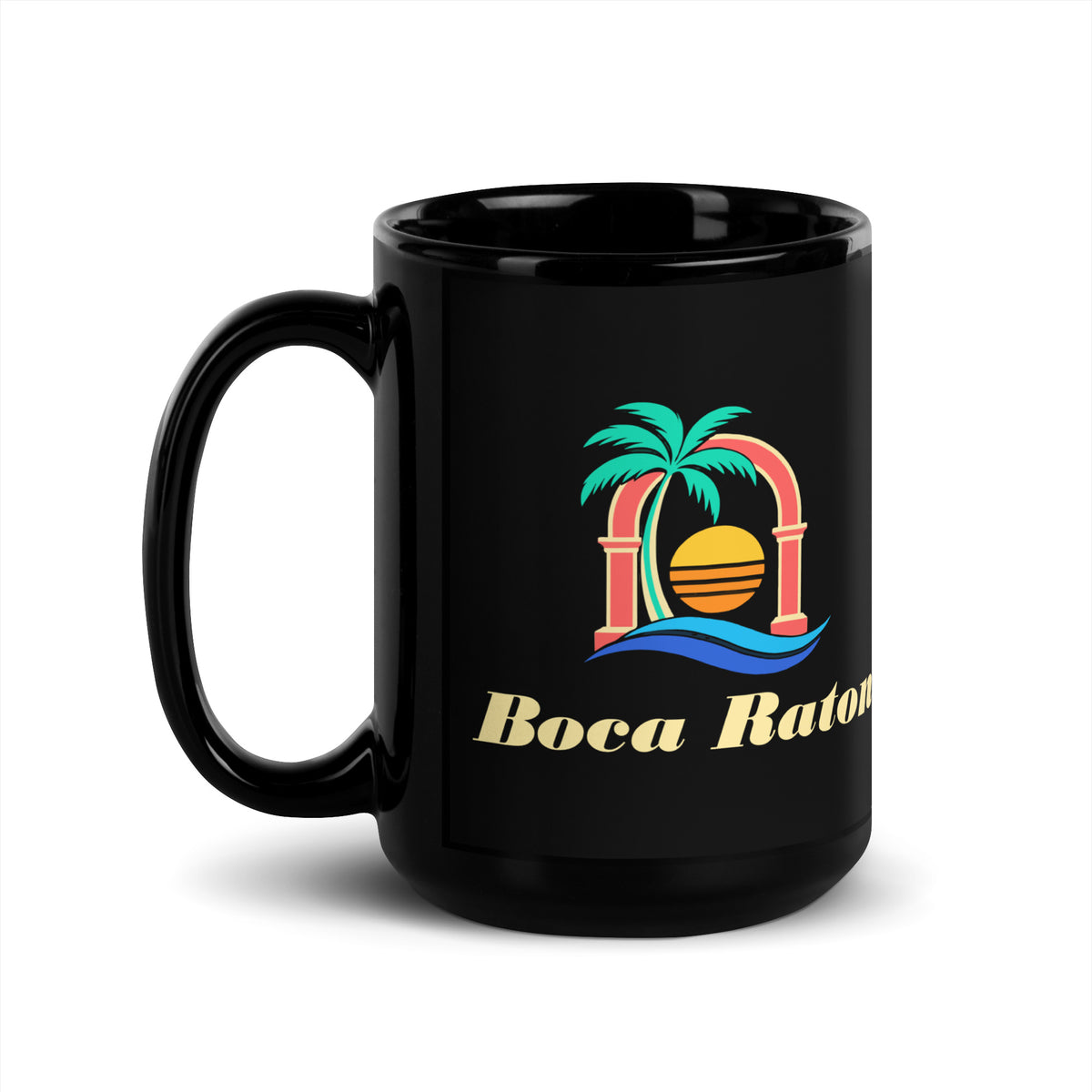 Boca Raton — Black mug, 15 oz, left side, logo on both sides
