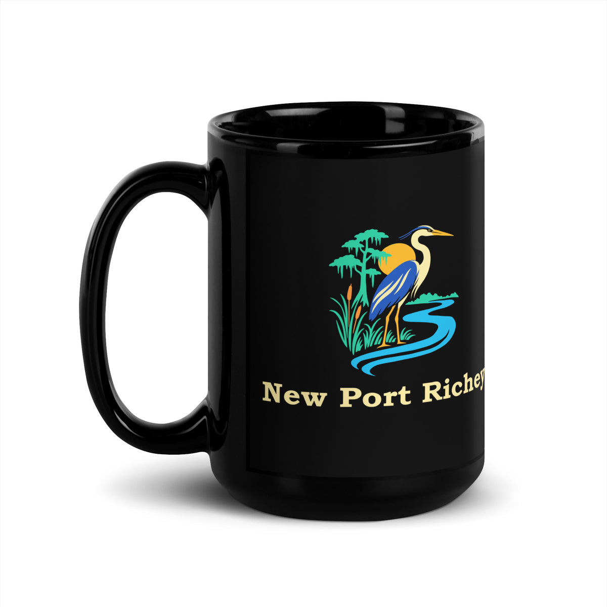 New Port Richey — Black mug, 15 oz, left side, logo on both sides