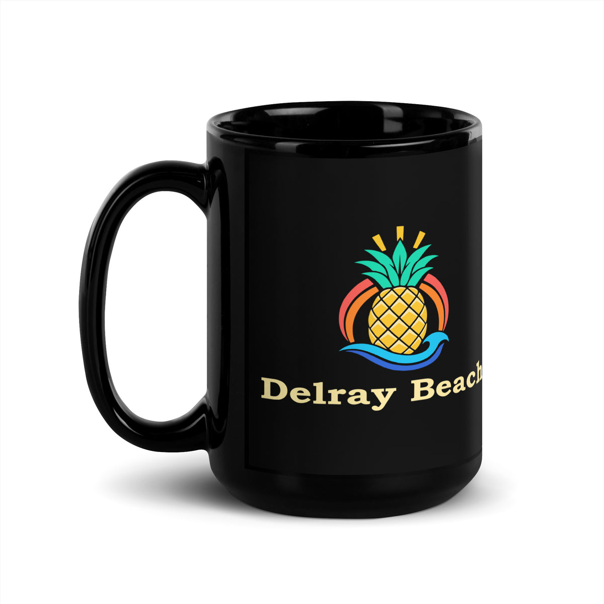 Delray Beach — Black mug, 15 oz, left side, logo on both sides
