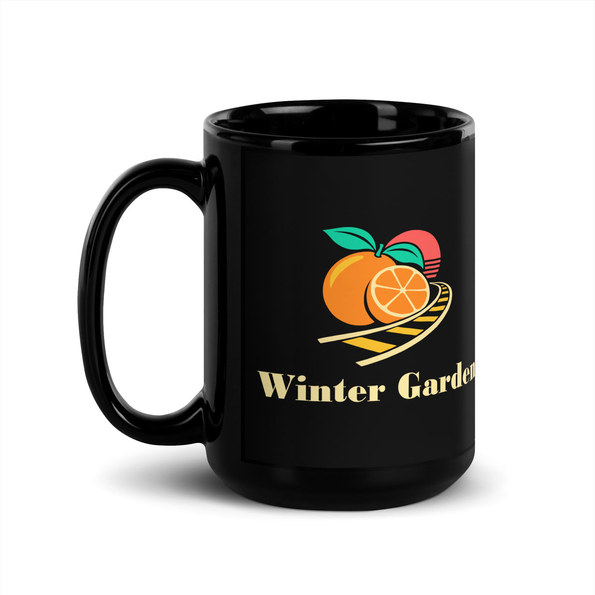 Winter Garden — Black mug, 15 oz, left side, logo on both sides