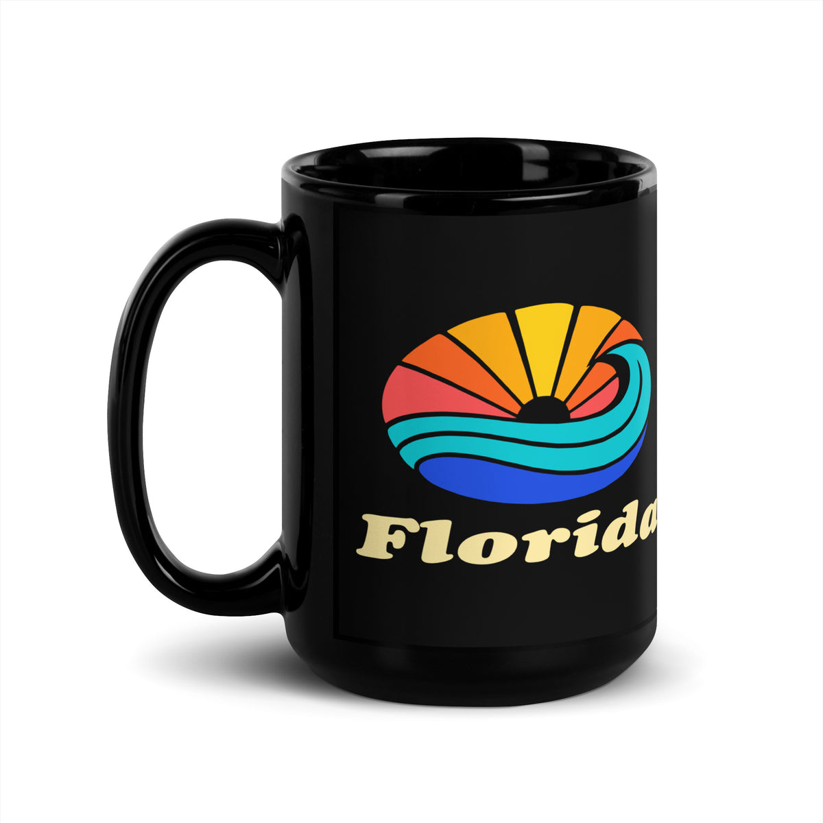 Florida Sunset Wave — Black mug, 15 oz, left side, logo on both sides