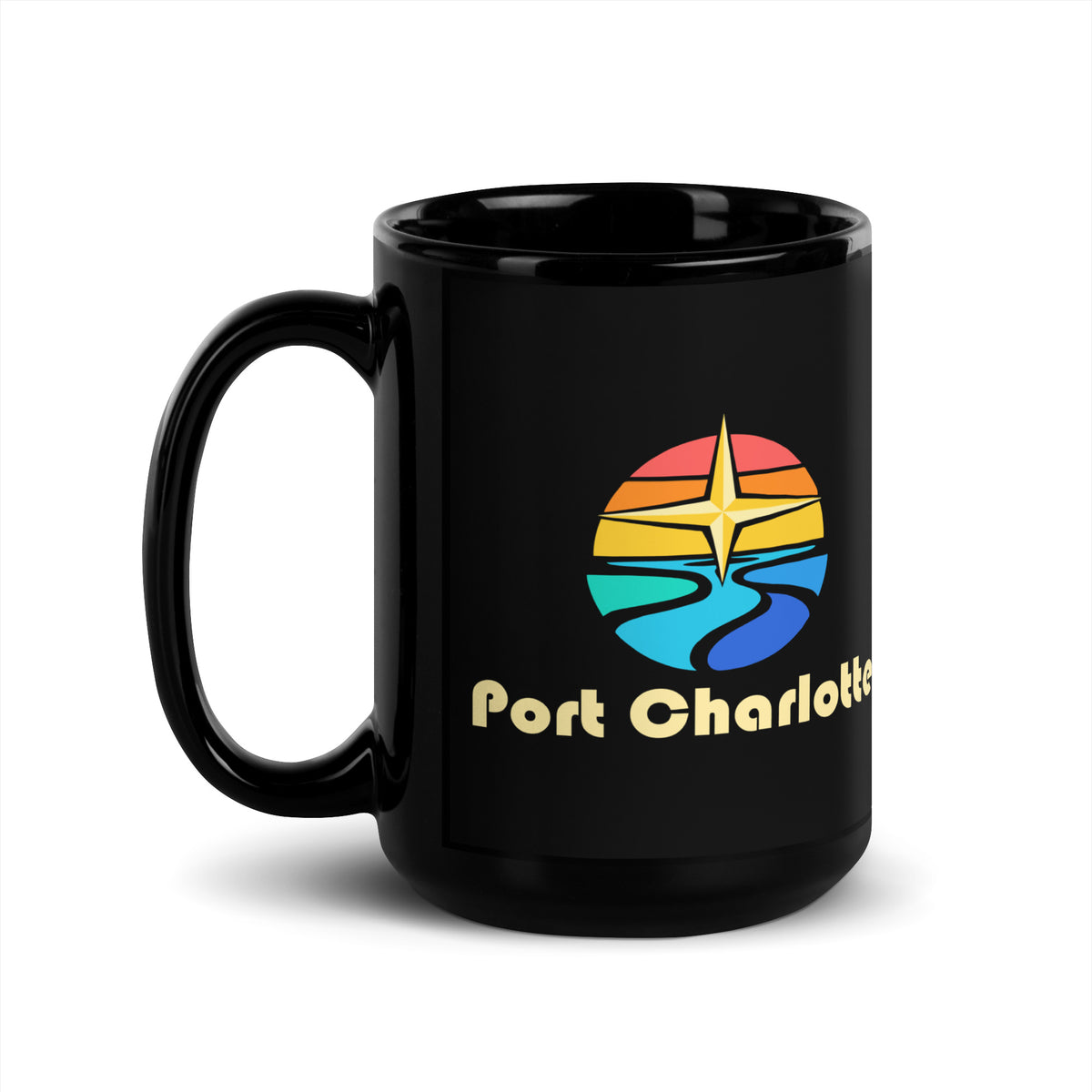 Port Charlotte — Black mug, 15 oz, left side, logo on both sides