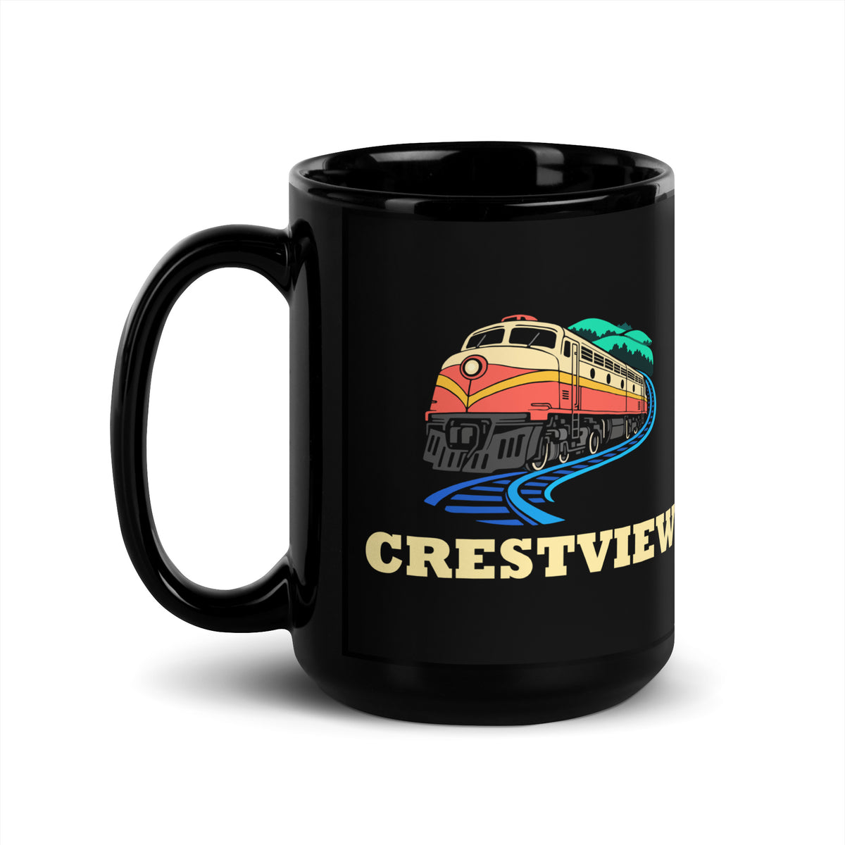 Crestview — Black mug, 15 oz, left side, logo on both sides