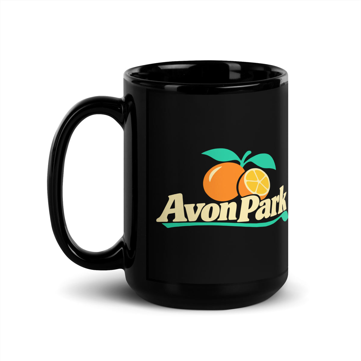 Avon Park — Black mug, 15 oz, left side, logo on both sides