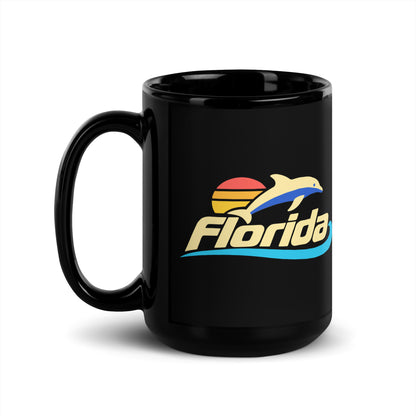 Florida Dolphin Sunset — Black mug, 15 oz, left side, logo on both sides