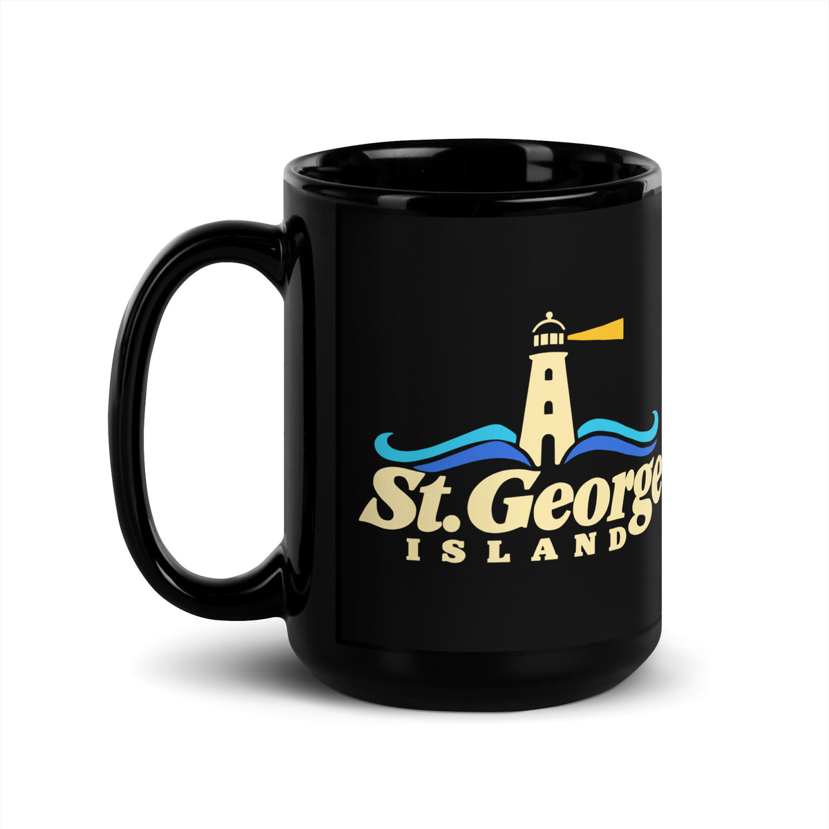 St. George Island — Black mug, 15 oz, left side, logo on both sides