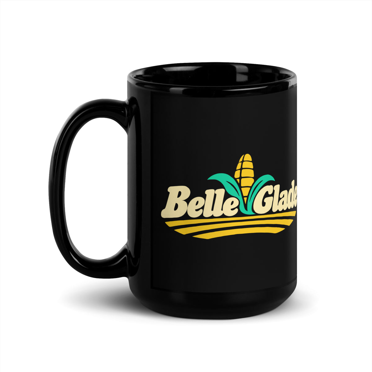 Belle Glade — Black mug, 15 oz, left side, logo on both sides