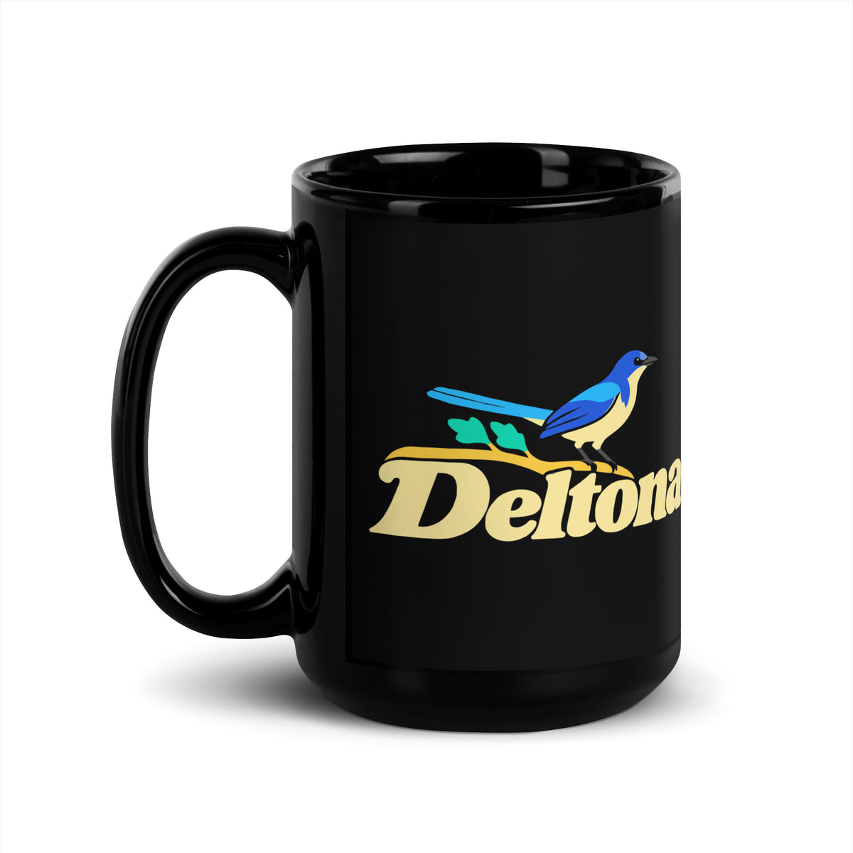 Deltona — Black mug, 15 oz, left side, logo on both sides