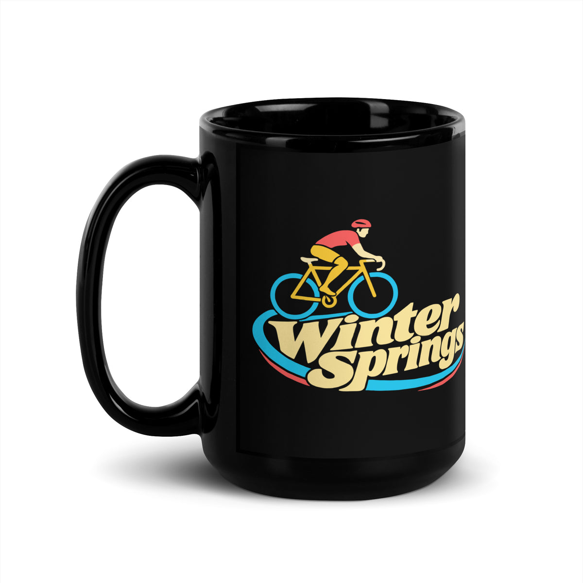 Winter Springs — Black mug, 15 oz, left side, logo on both sides
