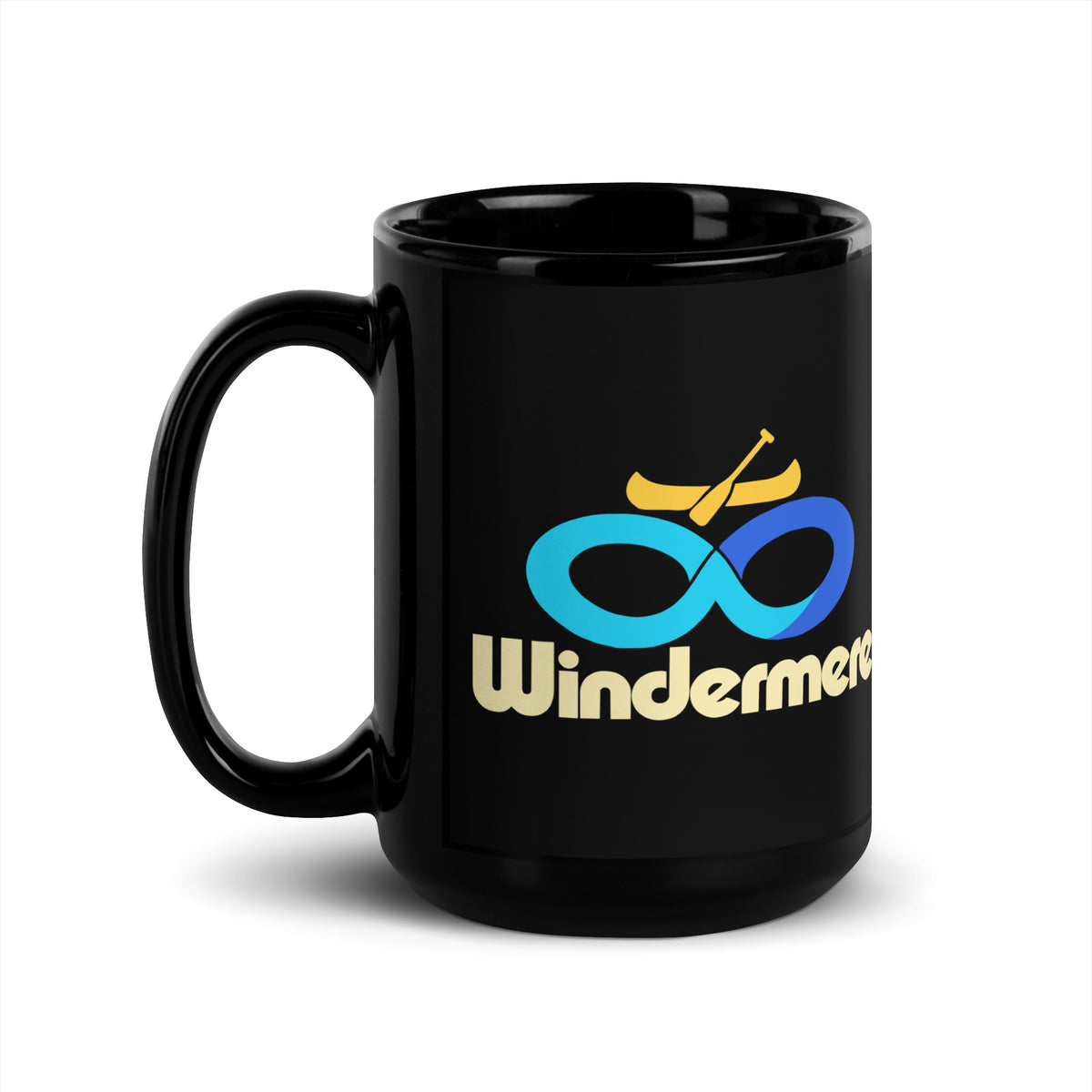 Windermere — Black mug, 15 oz, left side, logo on both sides