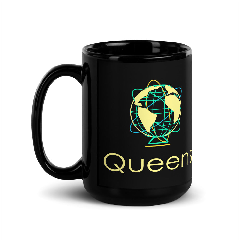 Queens — black mug, 15 oz, left side, logo on both sides