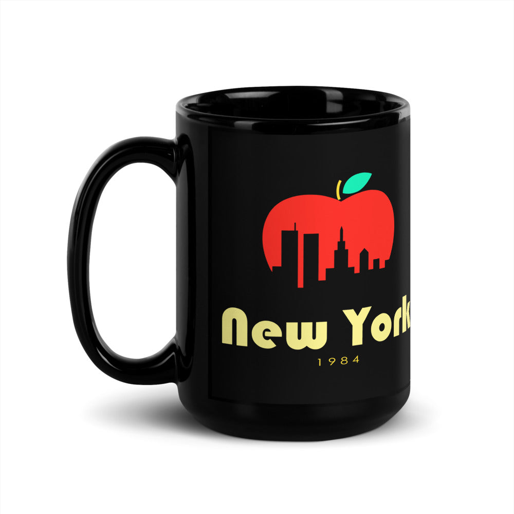 New York — black mug, 15 oz, left side, logo on both sides