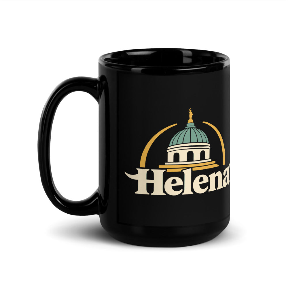 Helena — black mug, 15 oz, left side, logo on both sides