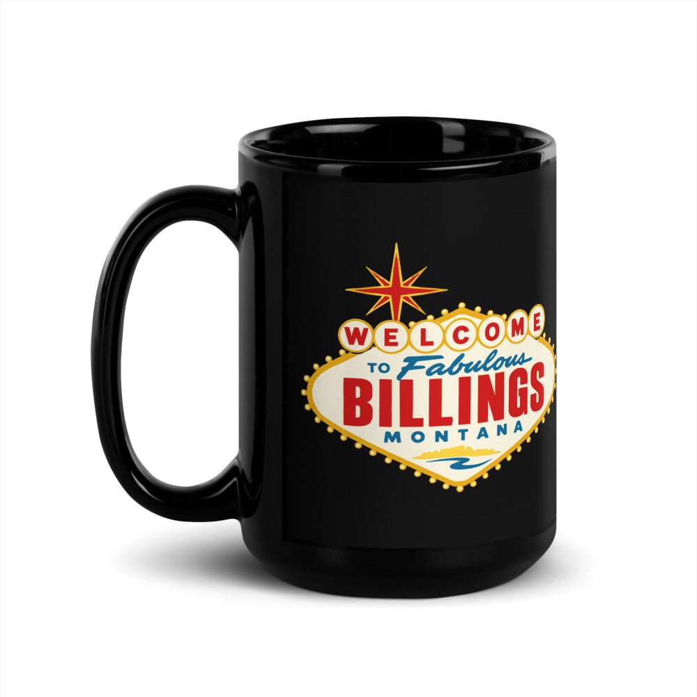 Billings - Welcome Sign — black mug, 15 oz, left side, logo on both sides