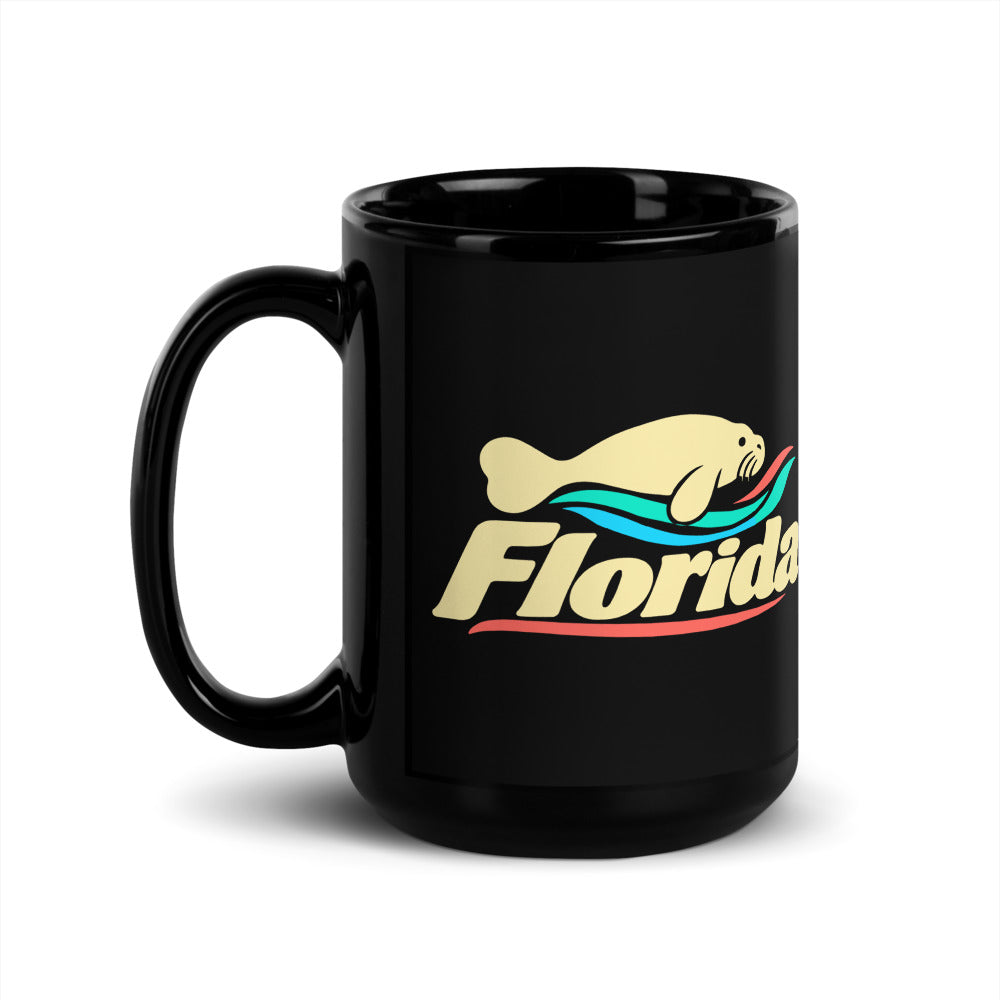 Florida Manatee — black mug, 15 oz, left side, logo on both sides