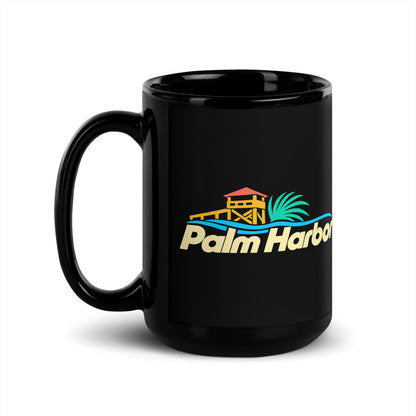 Palm Harbor — black mug, 15 oz, left side, logo on both sides