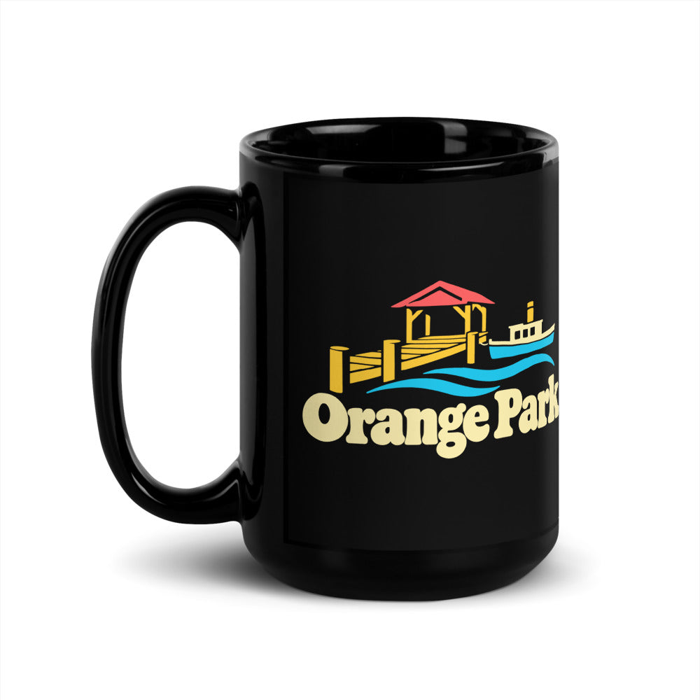 Orange Park — black mug, 15 oz, left side, logo on both sides