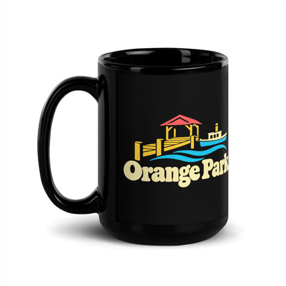 Orange Park — black mug, 15 oz, left side, logo on both sides
