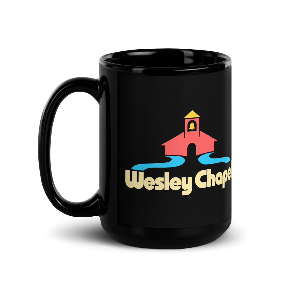 Wesley Chapel — black mug, 15 oz, left side, logo on both sides