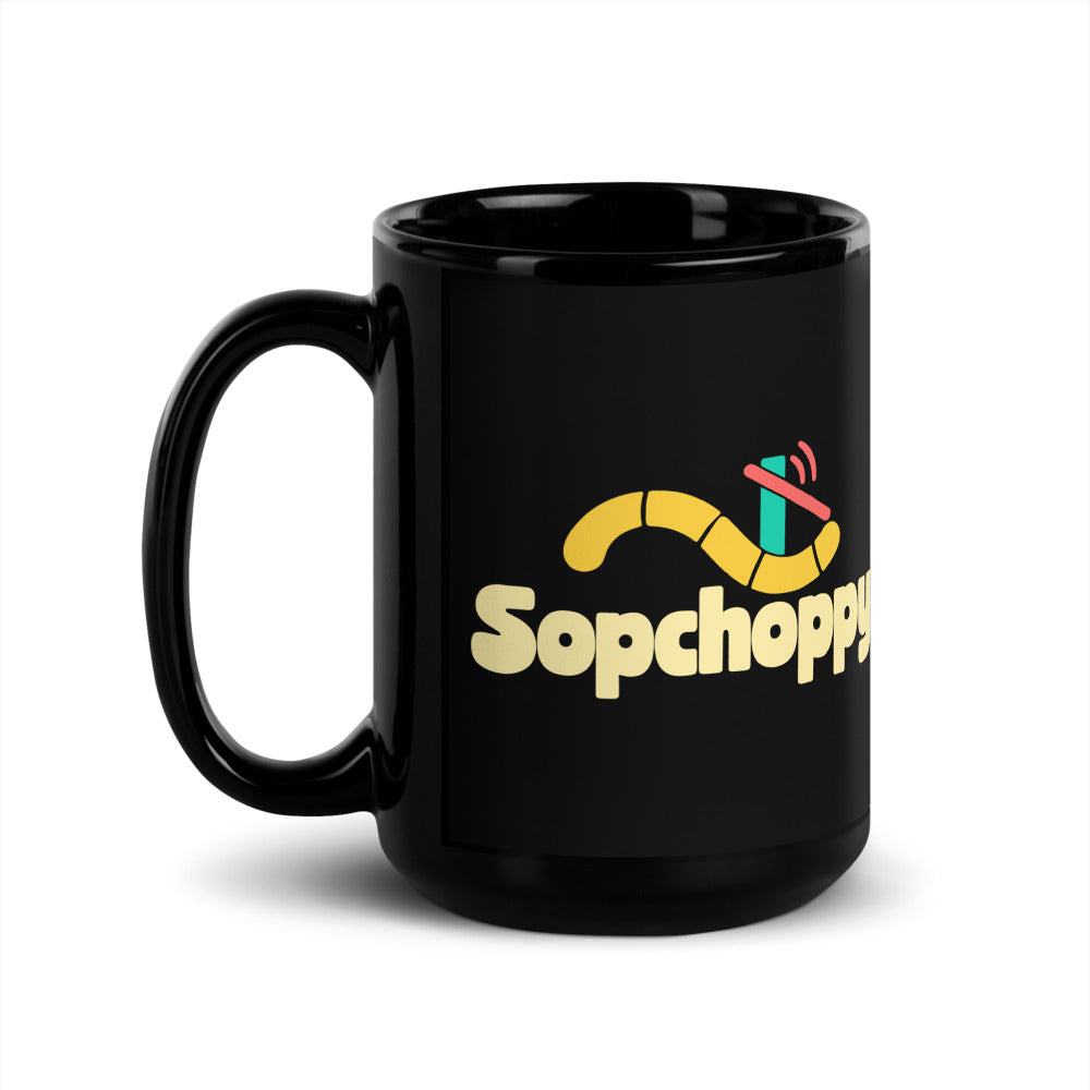 Sopchoppy — black mug, 15 oz, left side, logo on both sides