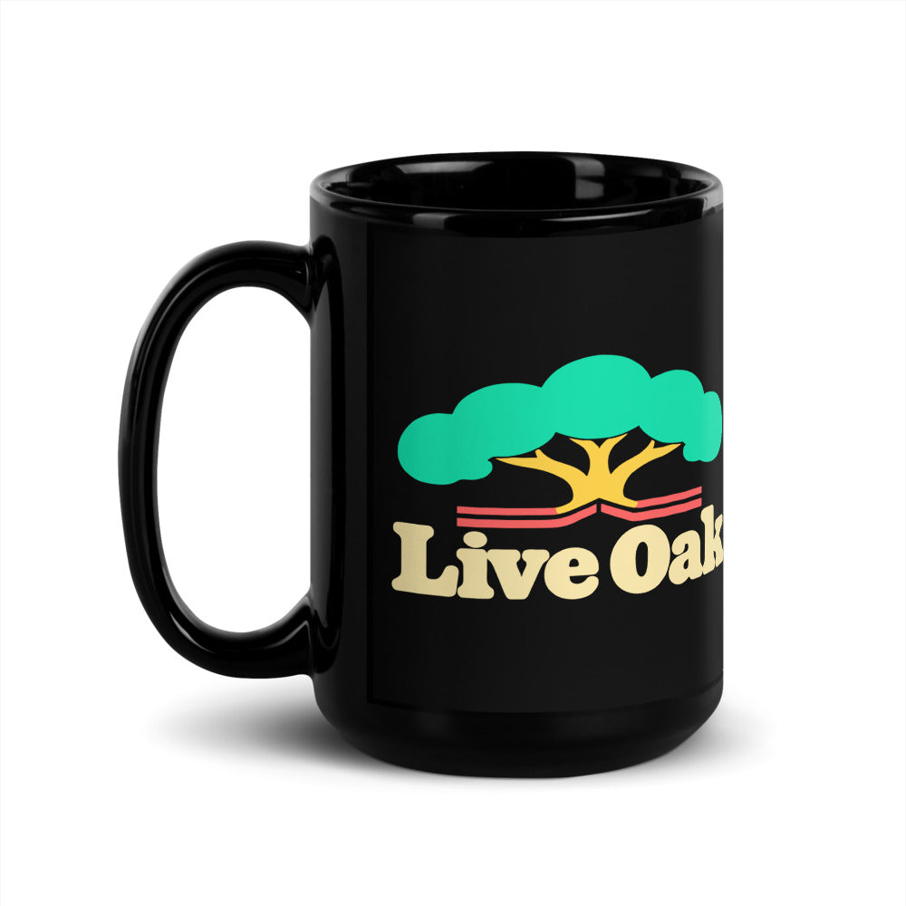 Live Oak — black mug, 15 oz, left side, logo on both sides