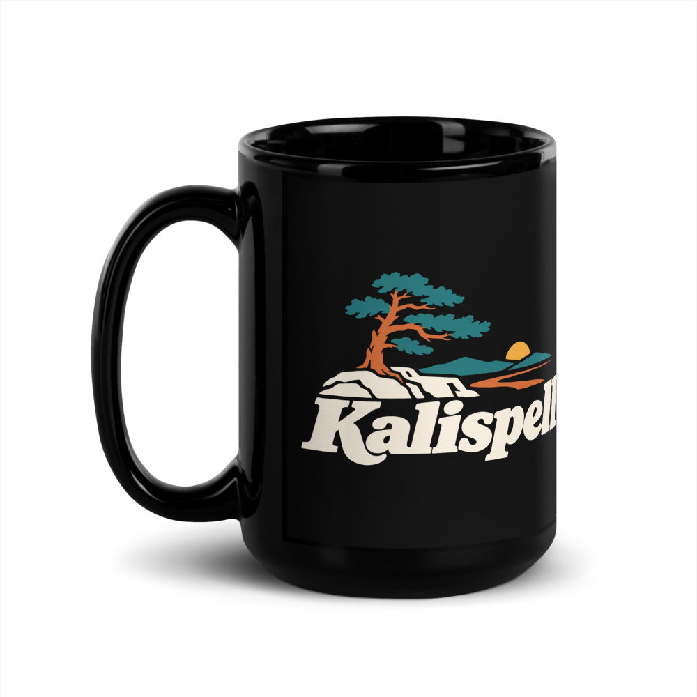 Kalispell — black mug, 15 oz, left side, logo on both sides