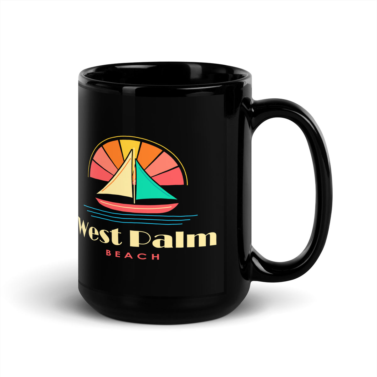 West Palm Beach — Black mug, 15 oz, right side, logo on both sides