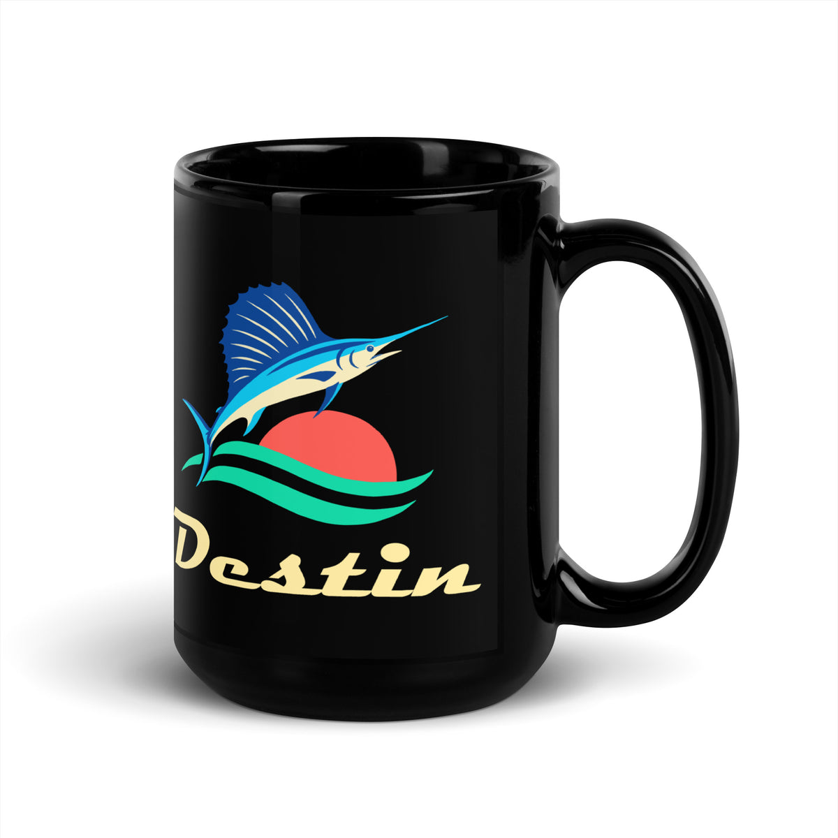 Destin — Black mug, 15 oz, right side, logo on both sides
