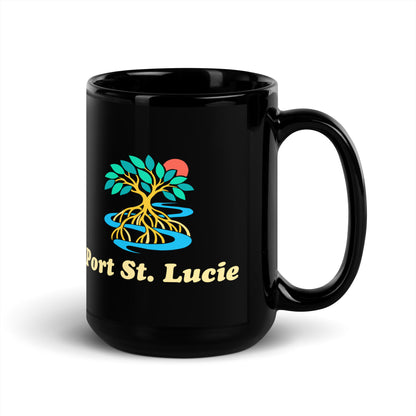 Port St. Lucie — Black mug, 15 oz, right side, logo on both sides