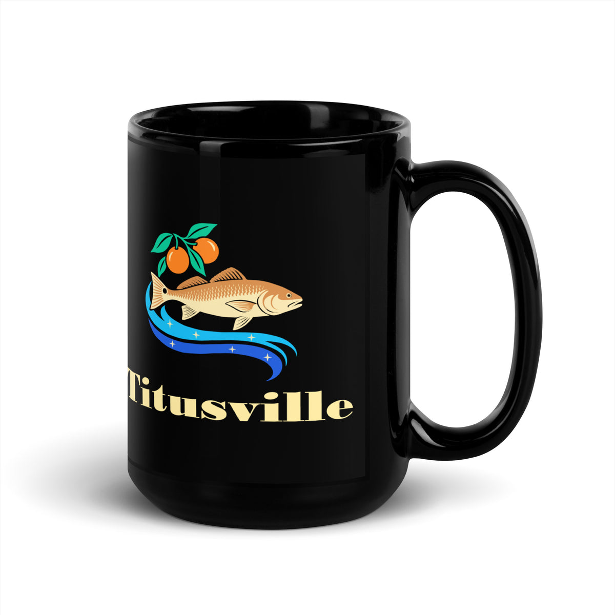 Titusville — Black mug, 15 oz, right side, logo on both sides