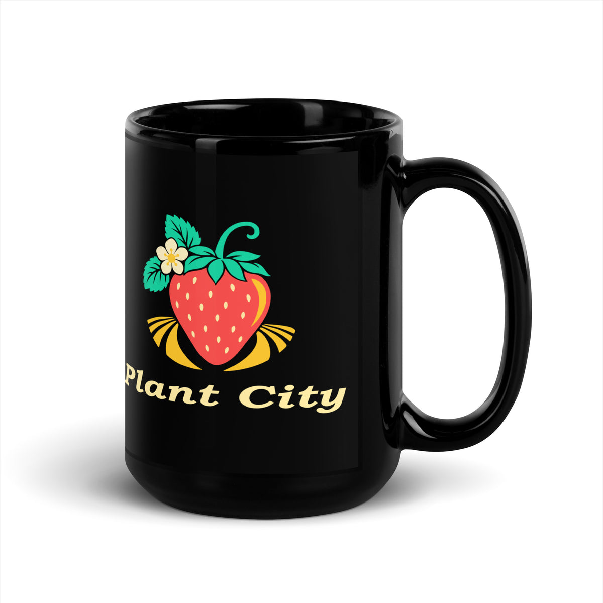 Plant City — Black mug, 15 oz, right side, logo on both sides
