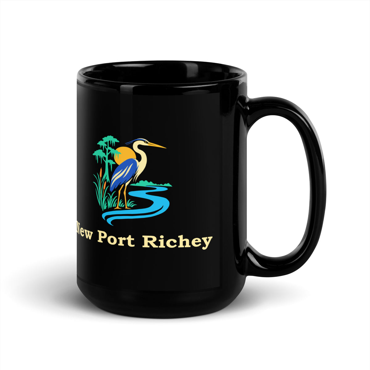 New Port Richey — Black mug, 15 oz, right side, logo on both sides