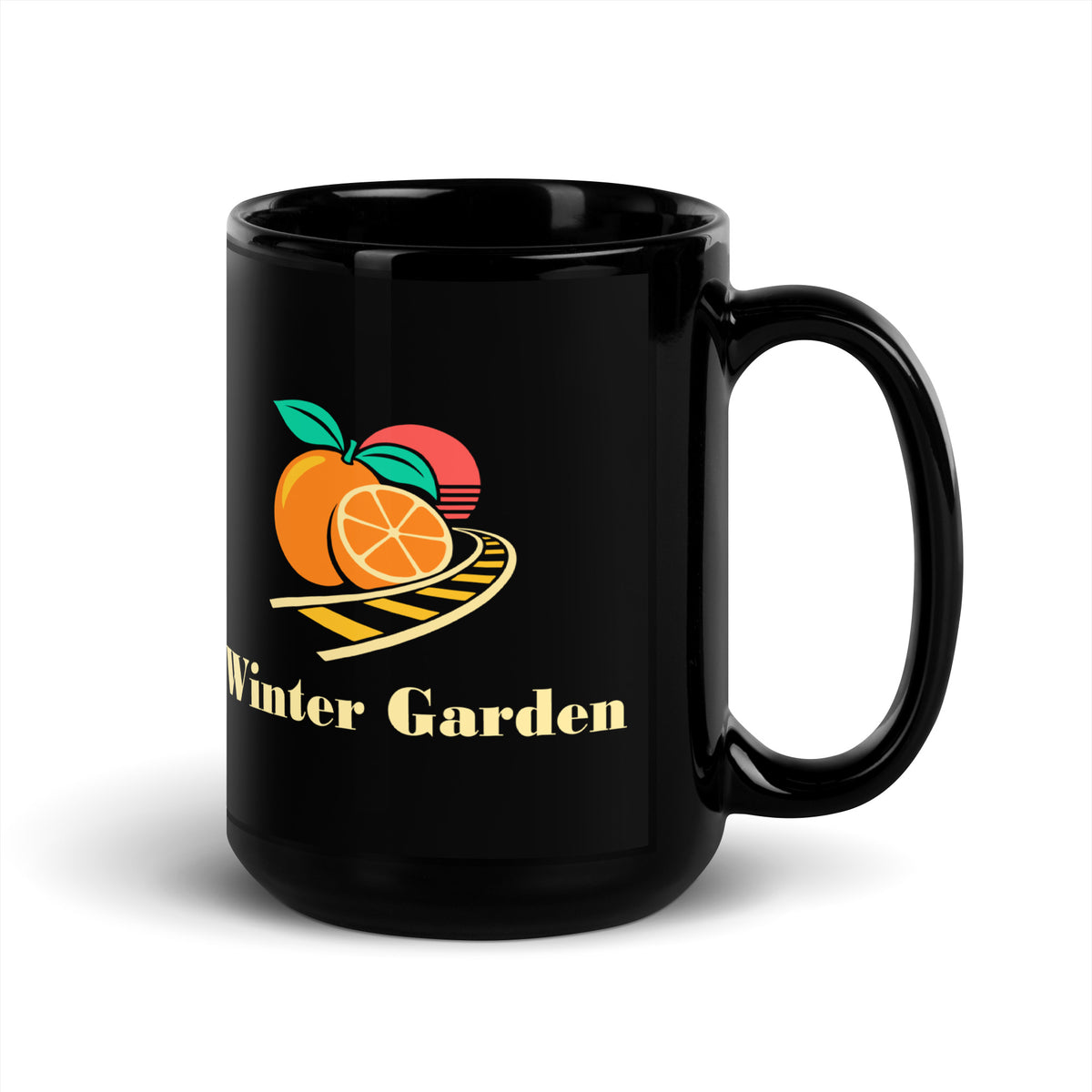 Winter Garden — Black mug, 15 oz, right side, logo on both sides