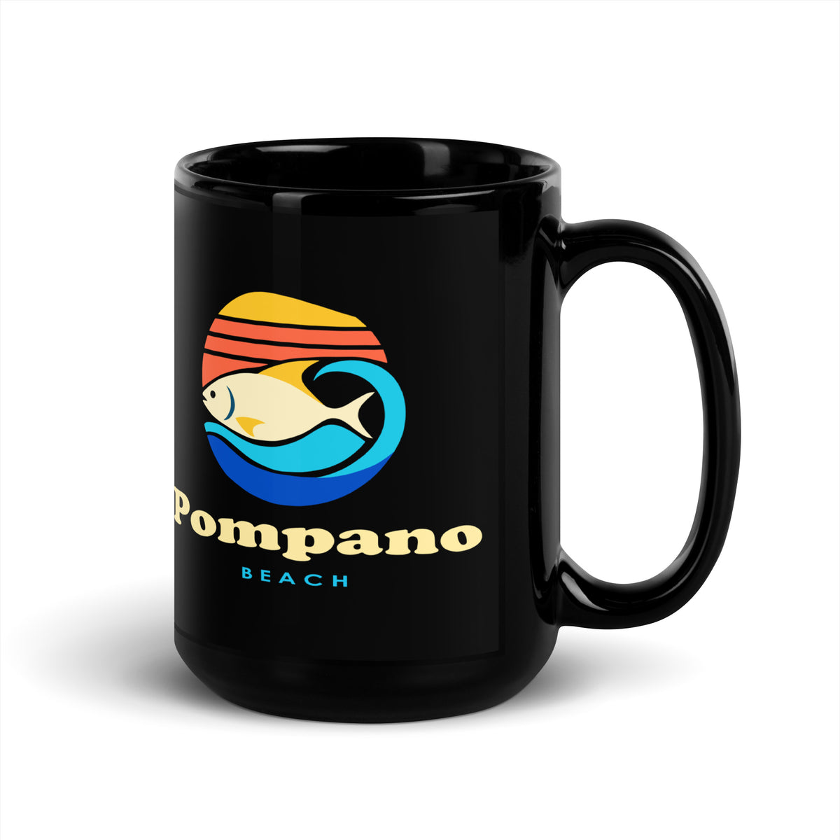 Pompano Beach — Black mug, 15 oz, right side, logo on both sides