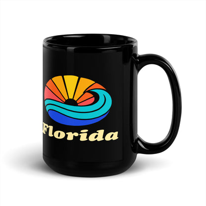 Florida Sunset Wave — Black mug, 15 oz, right side, logo on both sides