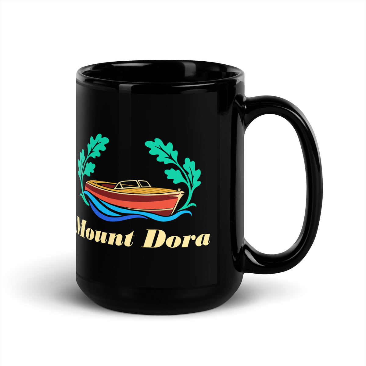 Mount Dora — Black mug, 15 oz, right side, logo on both sides