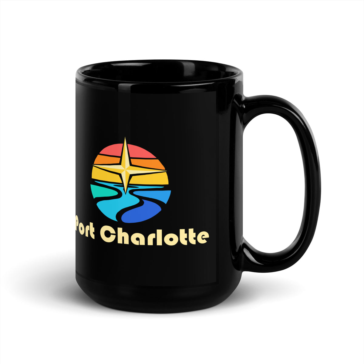 Port Charlotte — Black mug, 15 oz, right side, logo on both sides