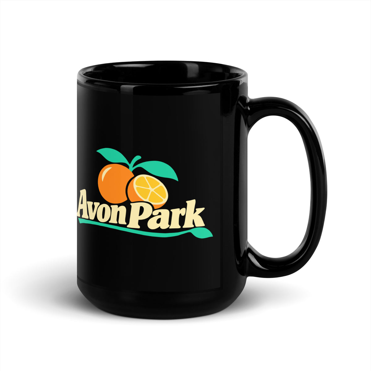 Avon Park — Black mug, 15 oz, right side, logo on both sides